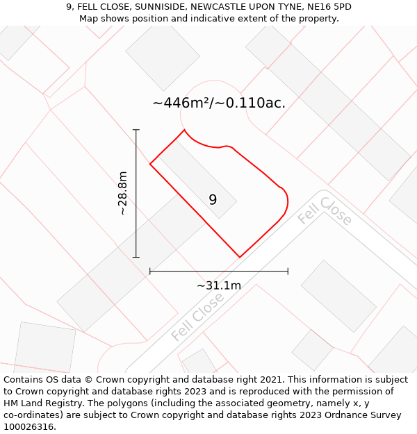 9, FELL CLOSE, SUNNISIDE, NEWCASTLE UPON TYNE, NE16 5PD: Plot and title map