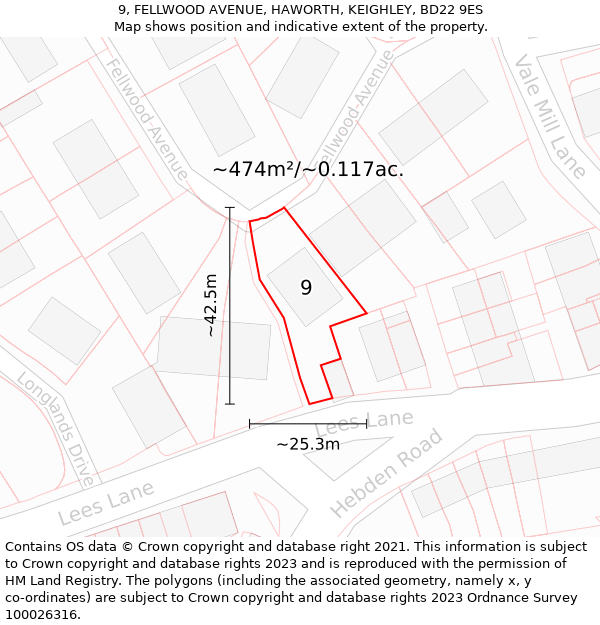 9, FELLWOOD AVENUE, HAWORTH, KEIGHLEY, BD22 9ES: Plot and title map