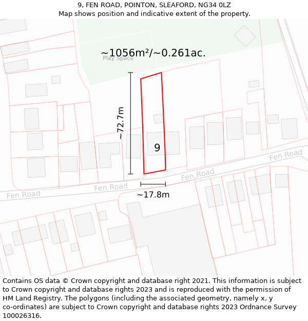 9, FEN ROAD, POINTON, SLEAFORD, NG34 0LZ: Plot and title map