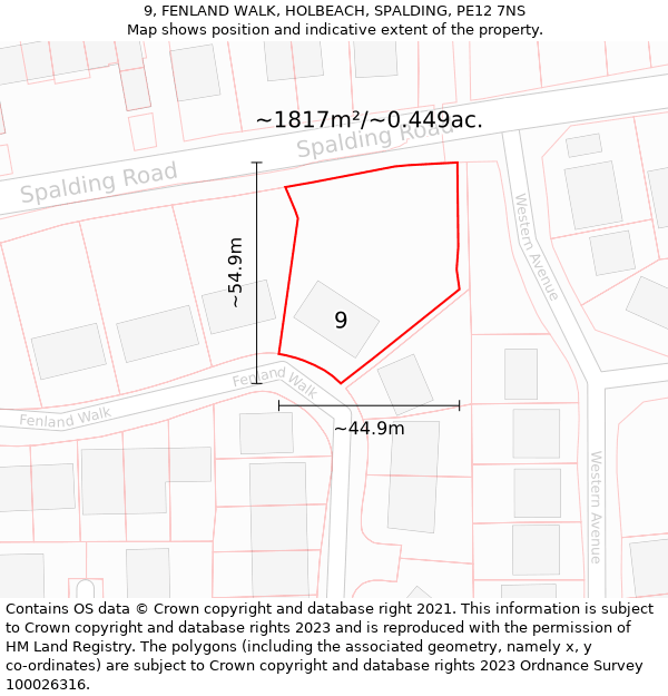 9, FENLAND WALK, HOLBEACH, SPALDING, PE12 7NS: Plot and title map