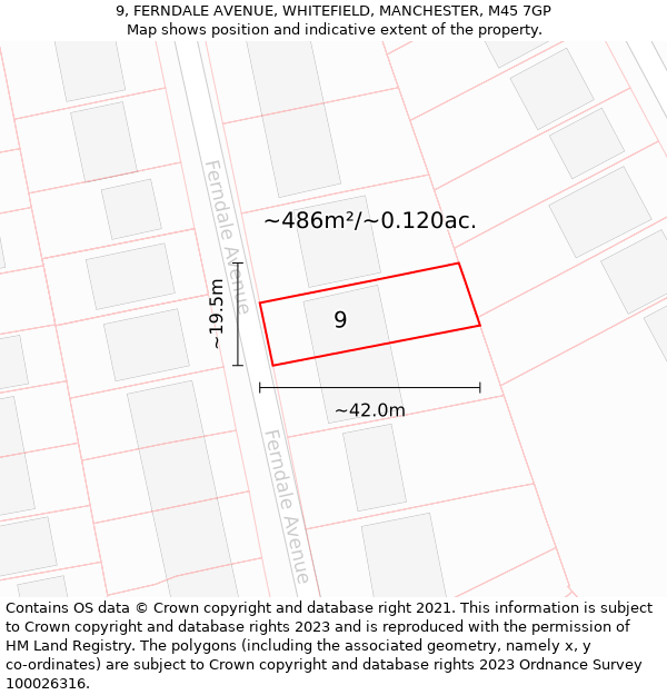 9, FERNDALE AVENUE, WHITEFIELD, MANCHESTER, M45 7GP: Plot and title map