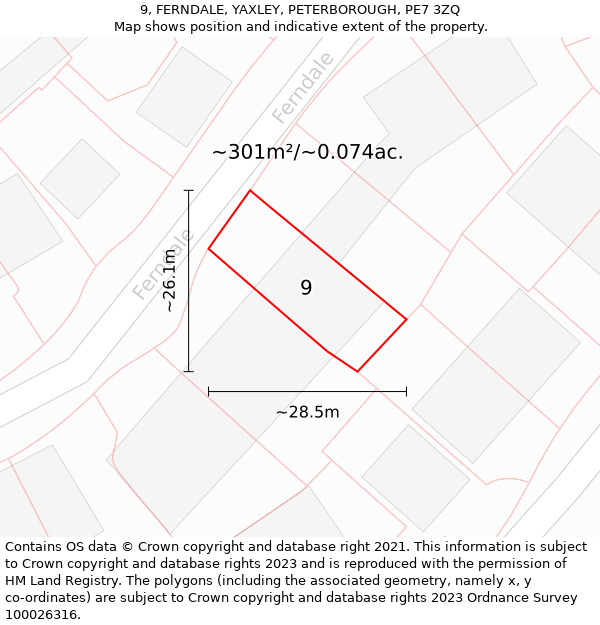 9, FERNDALE, YAXLEY, PETERBOROUGH, PE7 3ZQ: Plot and title map