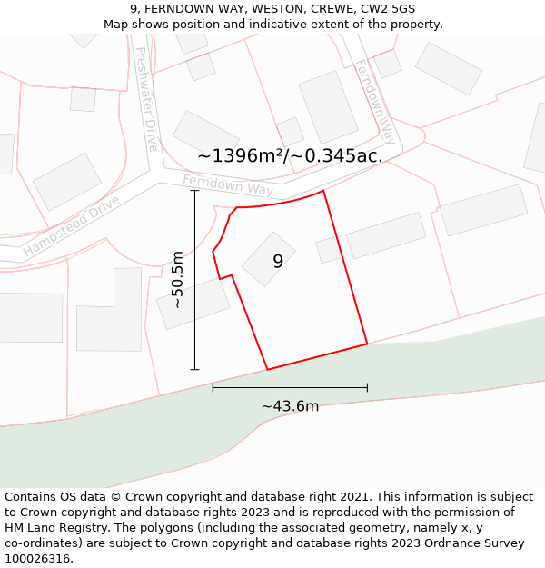 9, FERNDOWN WAY, WESTON, CREWE, CW2 5GS: Plot and title map