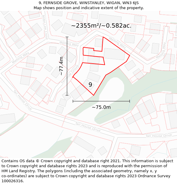 9, FERNSIDE GROVE, WINSTANLEY, WIGAN, WN3 6JS: Plot and title map