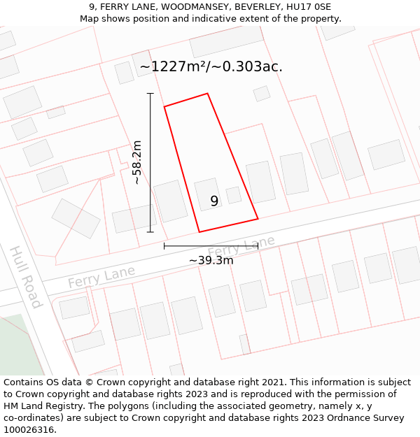 9, FERRY LANE, WOODMANSEY, BEVERLEY, HU17 0SE: Plot and title map