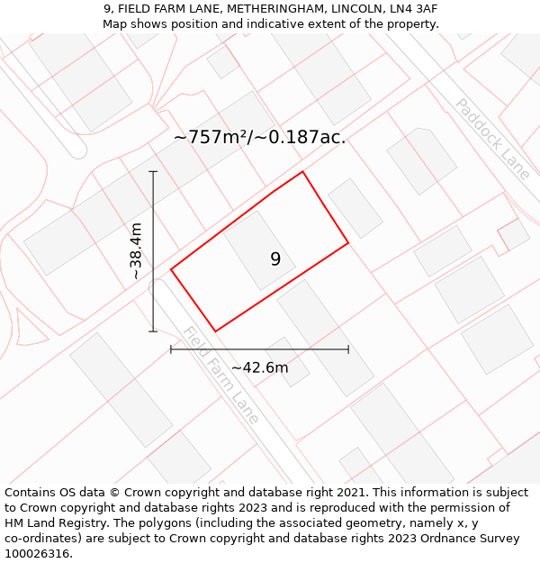 9, FIELD FARM LANE, METHERINGHAM, LINCOLN, LN4 3AF: Plot and title map