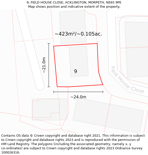 9, FIELD HOUSE CLOSE, ACKLINGTON, MORPETH, NE65 9PE: Plot and title map