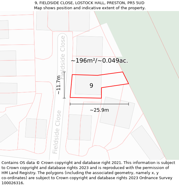 9, FIELDSIDE CLOSE, LOSTOCK HALL, PRESTON, PR5 5UD: Plot and title map