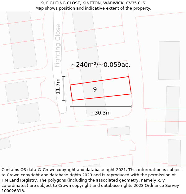 9, FIGHTING CLOSE, KINETON, WARWICK, CV35 0LS: Plot and title map