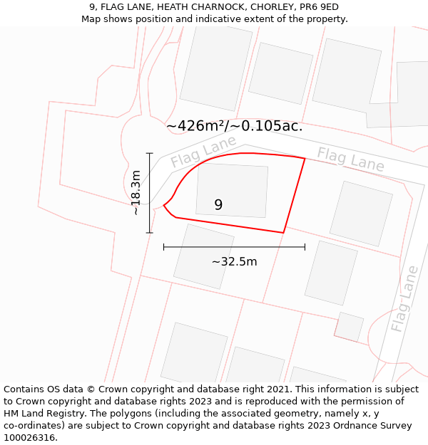 9, FLAG LANE, HEATH CHARNOCK, CHORLEY, PR6 9ED: Plot and title map