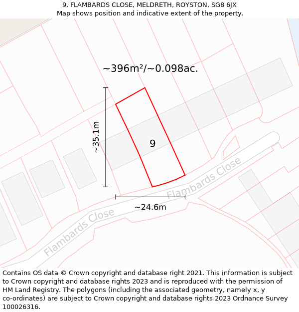 9, FLAMBARDS CLOSE, MELDRETH, ROYSTON, SG8 6JX: Plot and title map