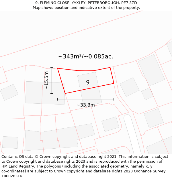 9, FLEMING CLOSE, YAXLEY, PETERBOROUGH, PE7 3ZD: Plot and title map