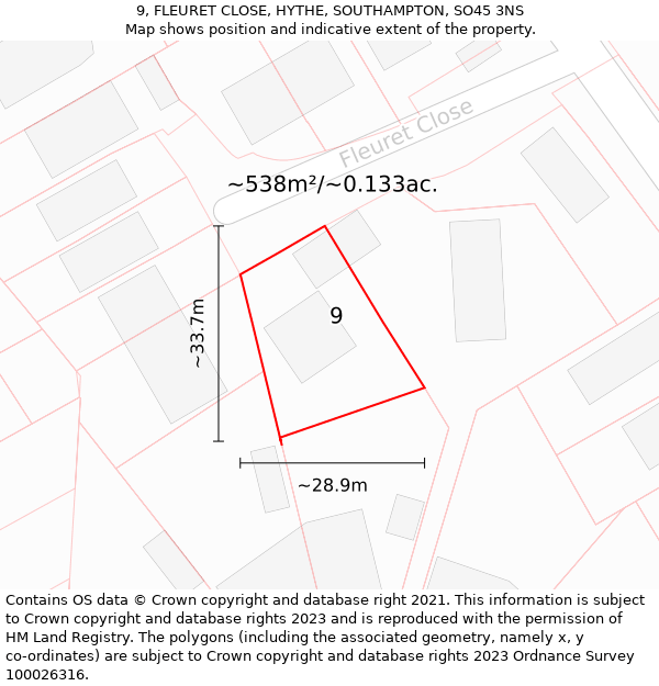 9, FLEURET CLOSE, HYTHE, SOUTHAMPTON, SO45 3NS: Plot and title map