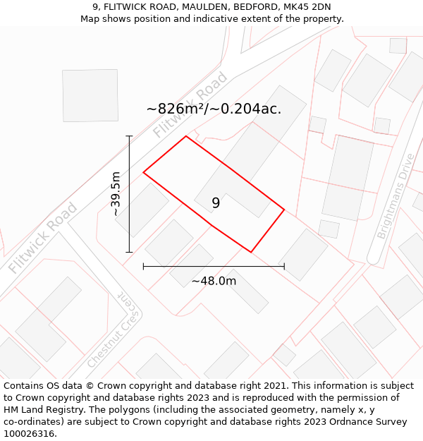 9, FLITWICK ROAD, MAULDEN, BEDFORD, MK45 2DN: Plot and title map