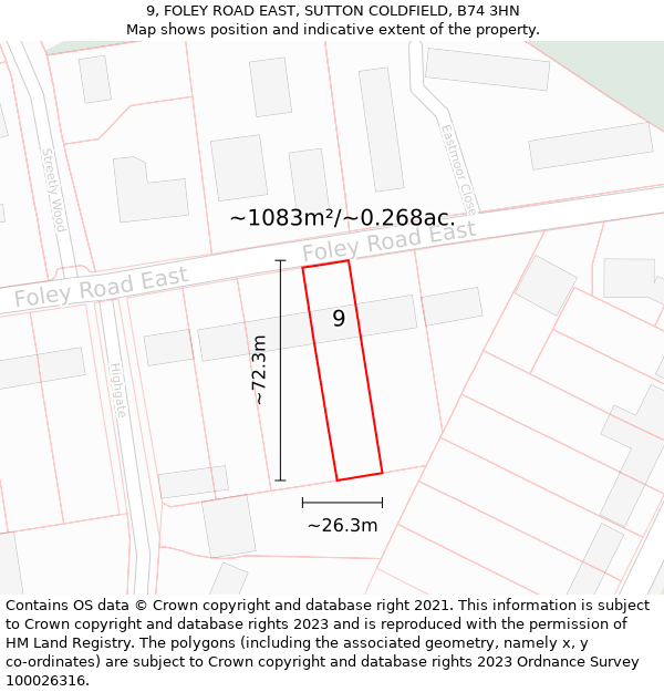 9, FOLEY ROAD EAST, SUTTON COLDFIELD, B74 3HN: Plot and title map