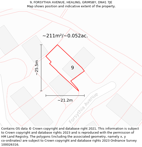 9, FORSYTHIA AVENUE, HEALING, GRIMSBY, DN41 7JE: Plot and title map