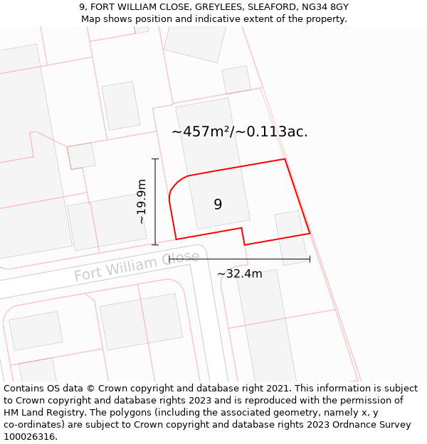 9, FORT WILLIAM CLOSE, GREYLEES, SLEAFORD, NG34 8GY: Plot and title map