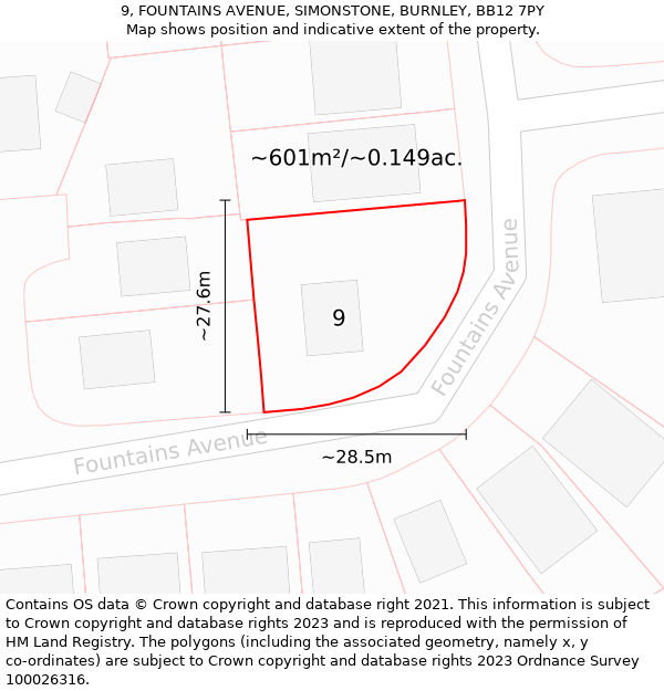 9, FOUNTAINS AVENUE, SIMONSTONE, BURNLEY, BB12 7PY: Plot and title map