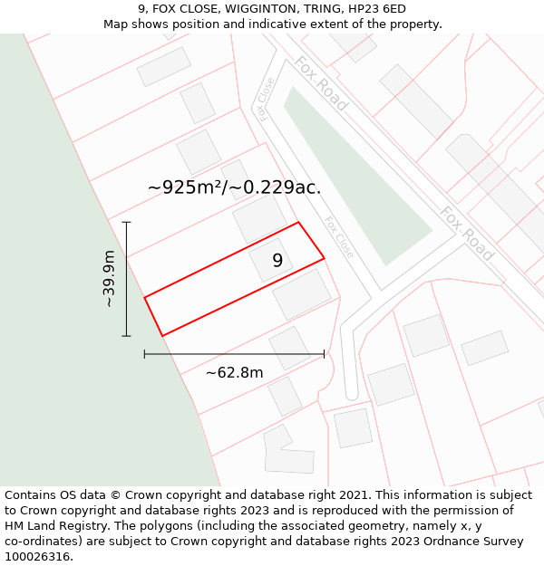 9, FOX CLOSE, WIGGINTON, TRING, HP23 6ED: Plot and title map