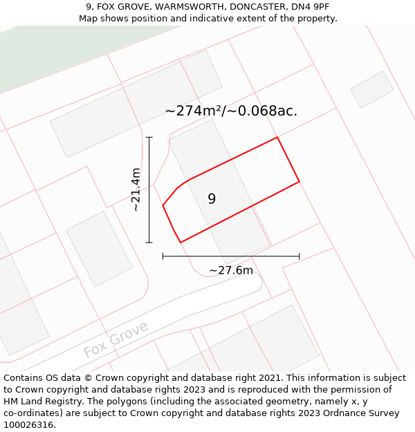 9, FOX GROVE, WARMSWORTH, DONCASTER, DN4 9PF: Plot and title map