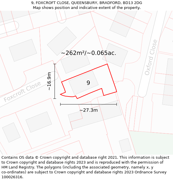 9, FOXCROFT CLOSE, QUEENSBURY, BRADFORD, BD13 2DG: Plot and title map