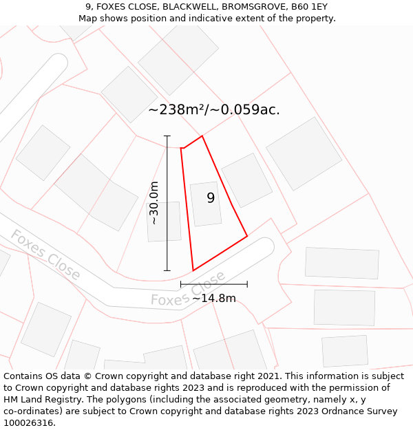 9, FOXES CLOSE, BLACKWELL, BROMSGROVE, B60 1EY: Plot and title map