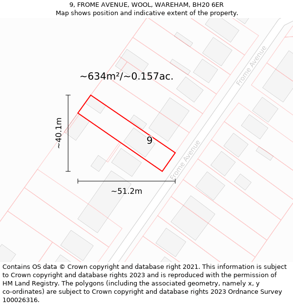 9, FROME AVENUE, WOOL, WAREHAM, BH20 6ER: Plot and title map