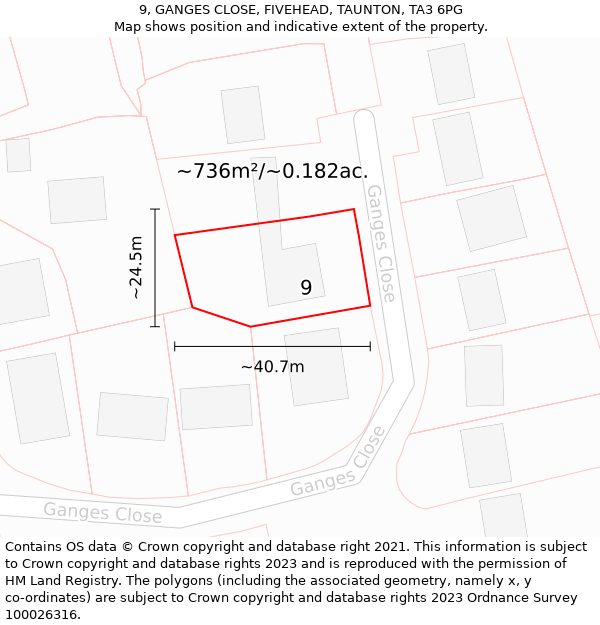 9, GANGES CLOSE, FIVEHEAD, TAUNTON, TA3 6PG: Plot and title map