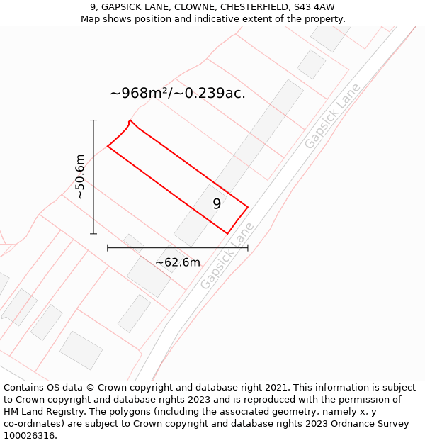 9, GAPSICK LANE, CLOWNE, CHESTERFIELD, S43 4AW: Plot and title map