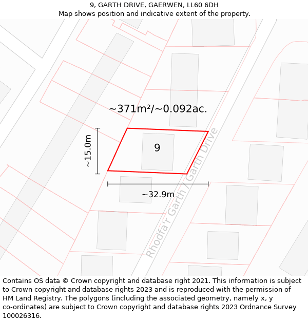 9, GARTH DRIVE, GAERWEN, LL60 6DH: Plot and title map