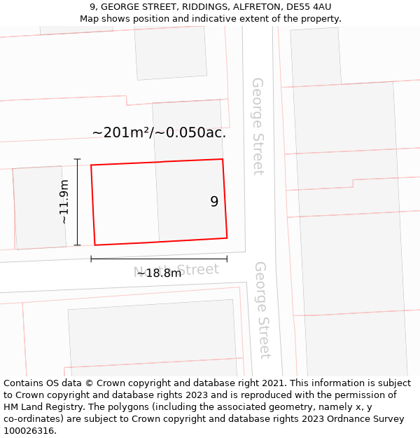 9, GEORGE STREET, RIDDINGS, ALFRETON, DE55 4AU: Plot and title map