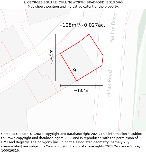 9, GEORGES SQUARE, CULLINGWORTH, BRADFORD, BD13 5HQ: Plot and title map