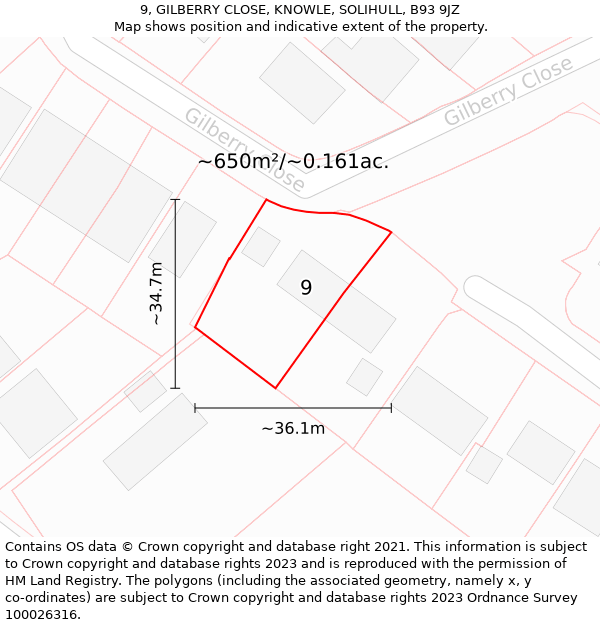 9, GILBERRY CLOSE, KNOWLE, SOLIHULL, B93 9JZ: Plot and title map