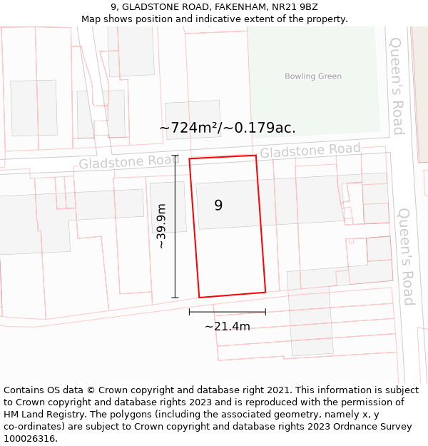 9, GLADSTONE ROAD, FAKENHAM, NR21 9BZ: Plot and title map