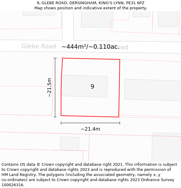 9, GLEBE ROAD, DERSINGHAM, KING'S LYNN, PE31 6PZ: Plot and title map