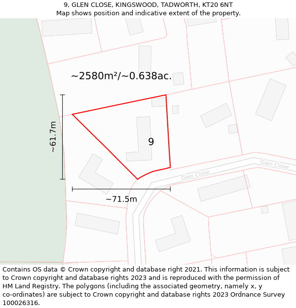 9, GLEN CLOSE, KINGSWOOD, TADWORTH, KT20 6NT: Plot and title map