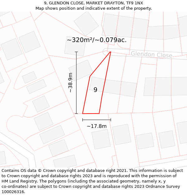 9, GLENDON CLOSE, MARKET DRAYTON, TF9 1NX: Plot and title map