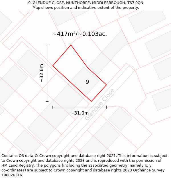 9, GLENDUE CLOSE, NUNTHORPE, MIDDLESBROUGH, TS7 0QN: Plot and title map