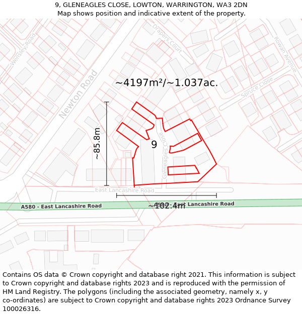 9, GLENEAGLES CLOSE, LOWTON, WARRINGTON, WA3 2DN: Plot and title map