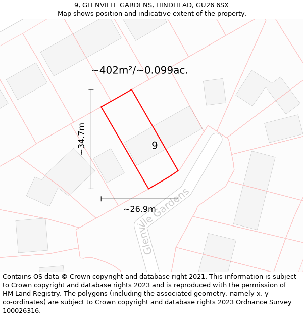 9, GLENVILLE GARDENS, HINDHEAD, GU26 6SX: Plot and title map