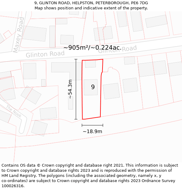 9, GLINTON ROAD, HELPSTON, PETERBOROUGH, PE6 7DG: Plot and title map