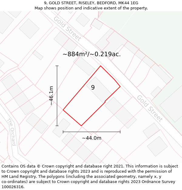 9, GOLD STREET, RISELEY, BEDFORD, MK44 1EG: Plot and title map