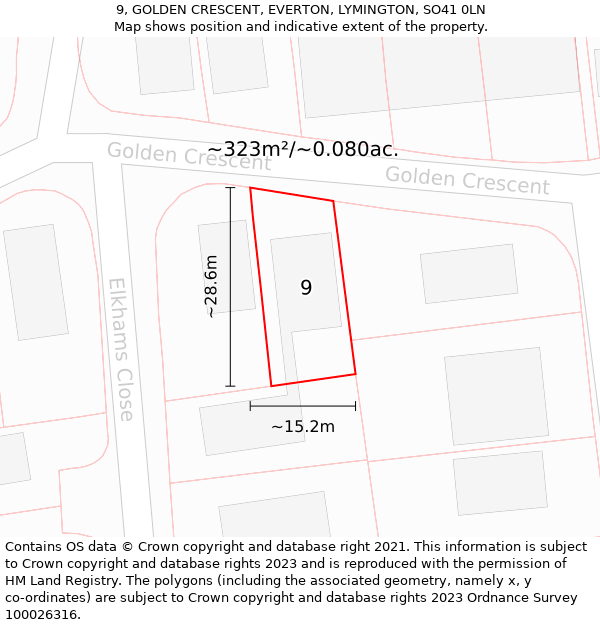 9, GOLDEN CRESCENT, EVERTON, LYMINGTON, SO41 0LN: Plot and title map