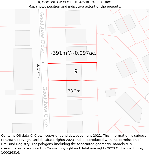 9, GOODSHAW CLOSE, BLACKBURN, BB1 8PG: Plot and title map