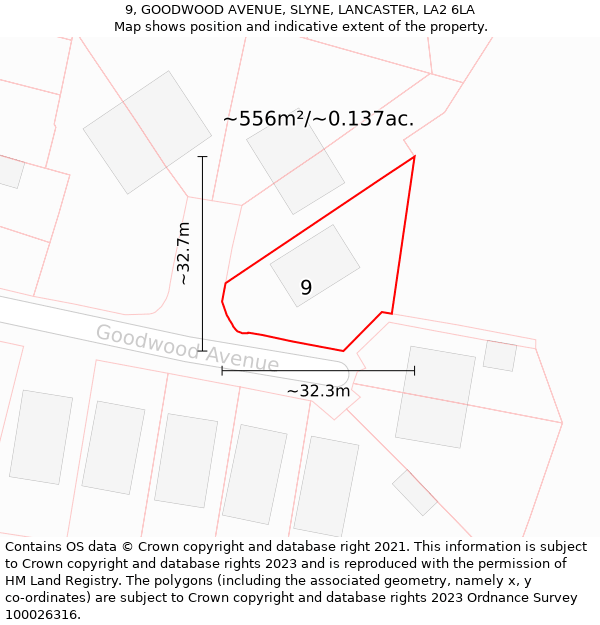 9, GOODWOOD AVENUE, SLYNE, LANCASTER, LA2 6LA: Plot and title map