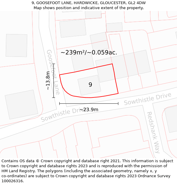 9, GOOSEFOOT LANE, HARDWICKE, GLOUCESTER, GL2 4DW: Plot and title map