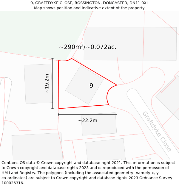 9, GRAFTDYKE CLOSE, ROSSINGTON, DONCASTER, DN11 0XL: Plot and title map