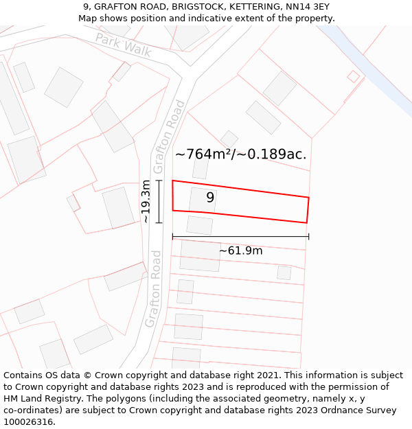 9, GRAFTON ROAD, BRIGSTOCK, KETTERING, NN14 3EY: Plot and title map