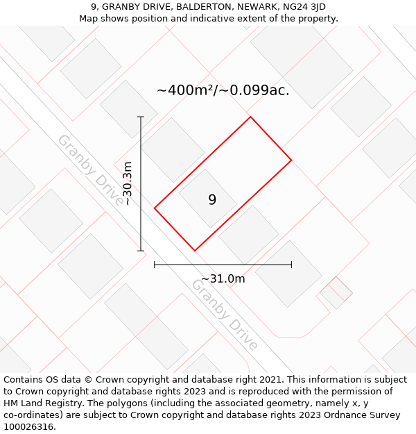 9, GRANBY DRIVE, BALDERTON, NEWARK, NG24 3JD: Plot and title map