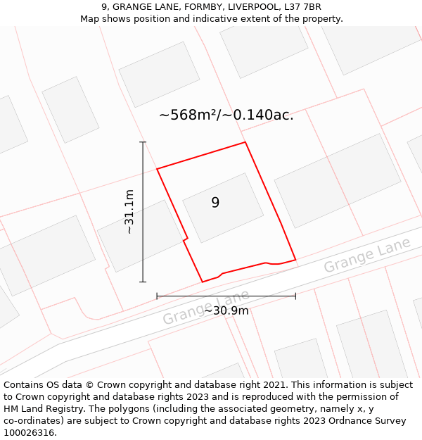 9, GRANGE LANE, FORMBY, LIVERPOOL, L37 7BR: Plot and title map